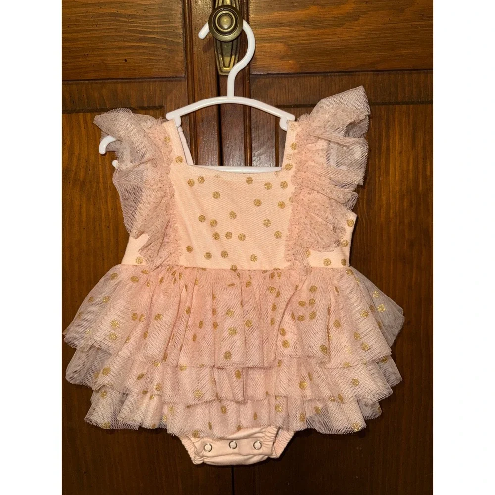 Marie Nicole Clothing Baby Girl Gold Polka Dot Tulle Tutu Romper Peach 3-6M